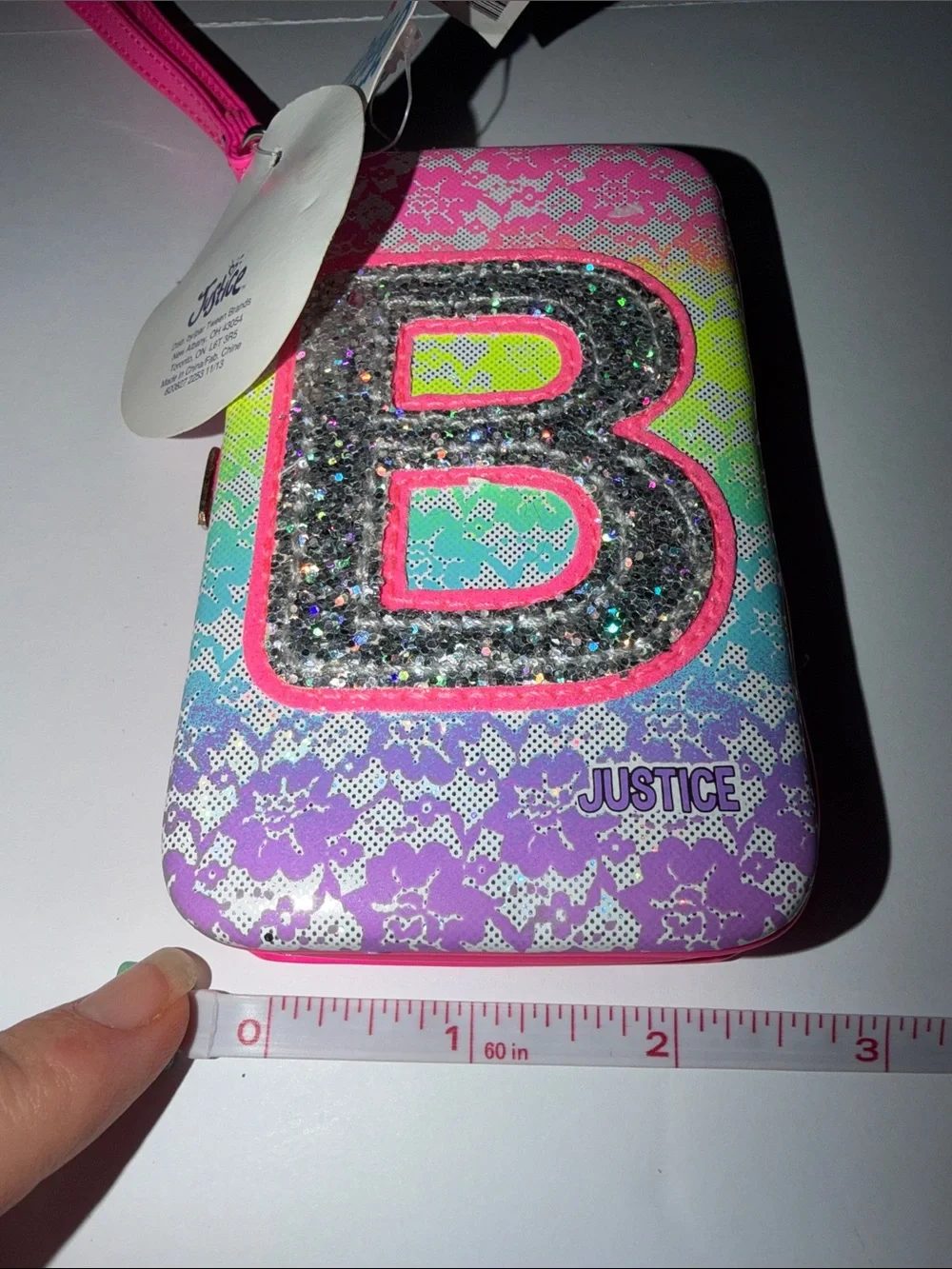 Vintage Justice tech wallet with initial “B”